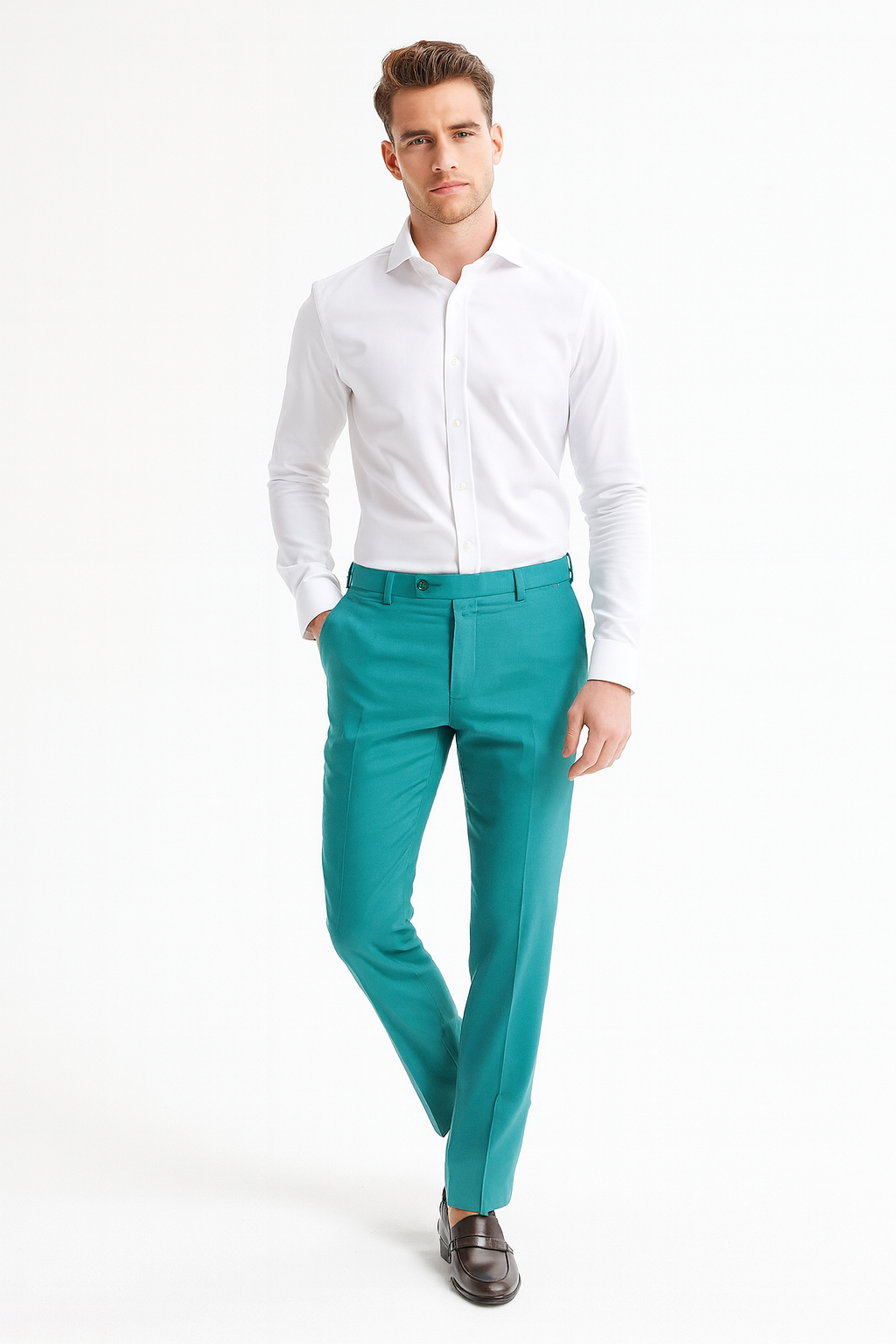 Men’s Aqua Dress Pants – Slim Fit Stylish Formal Trousers for Parties and Casual Wear in Turqoise Color - dress size pants : 28 Unfinished bottom