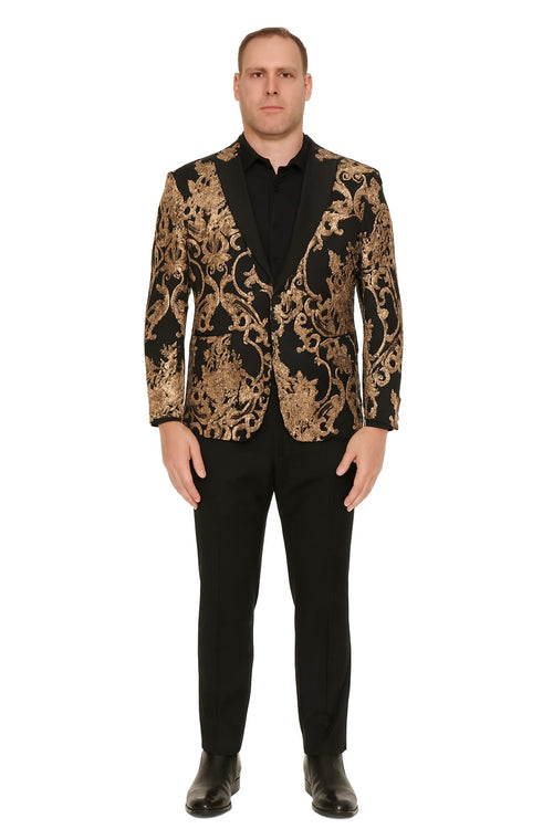 Mens Black and Rose Gold Floral Embroidered Blazer Suit Black Pants Luxury Tuxedo Jacket for Weddings, Proms and Parties