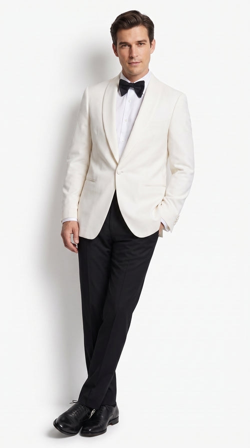 Men’s Vintage Hollywood Ivory Tuxedo – Black Shawl Lapel Wedding, Prom and Formal Dinner Jacket with Black Pants
