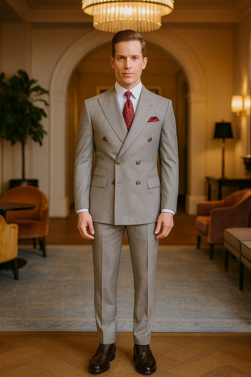 Mens Light Grey Double-Breasted Suit Classic Slim Fit Business and Wedding Formal Attire