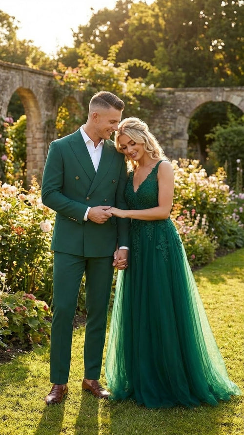 Vitali Brand Mens Emerald Green Double Breasted Suit Modern Fit Side Vented