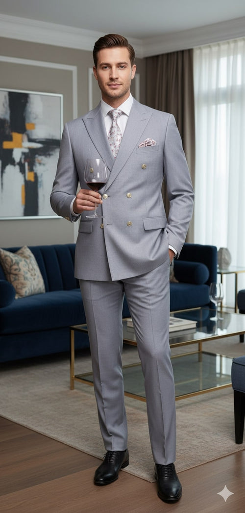 Mens Silver Grey Double-Breasted 3-Piece Suit Classic Tailored Fit with Peak Lapel and Gold Buttons for Weddings, Church and Formal Events