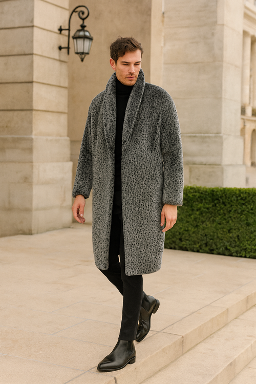 Mens Luxury Long Grey Faux Fur Coat -Winter Overcoat with Animal Print Design