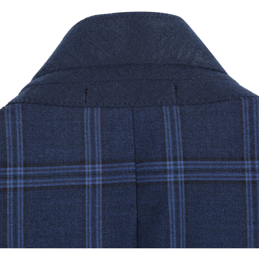 "Dark Navy Slim Fit Men's Suit - Two Button Stretch, Wide Windowpane Plaid"