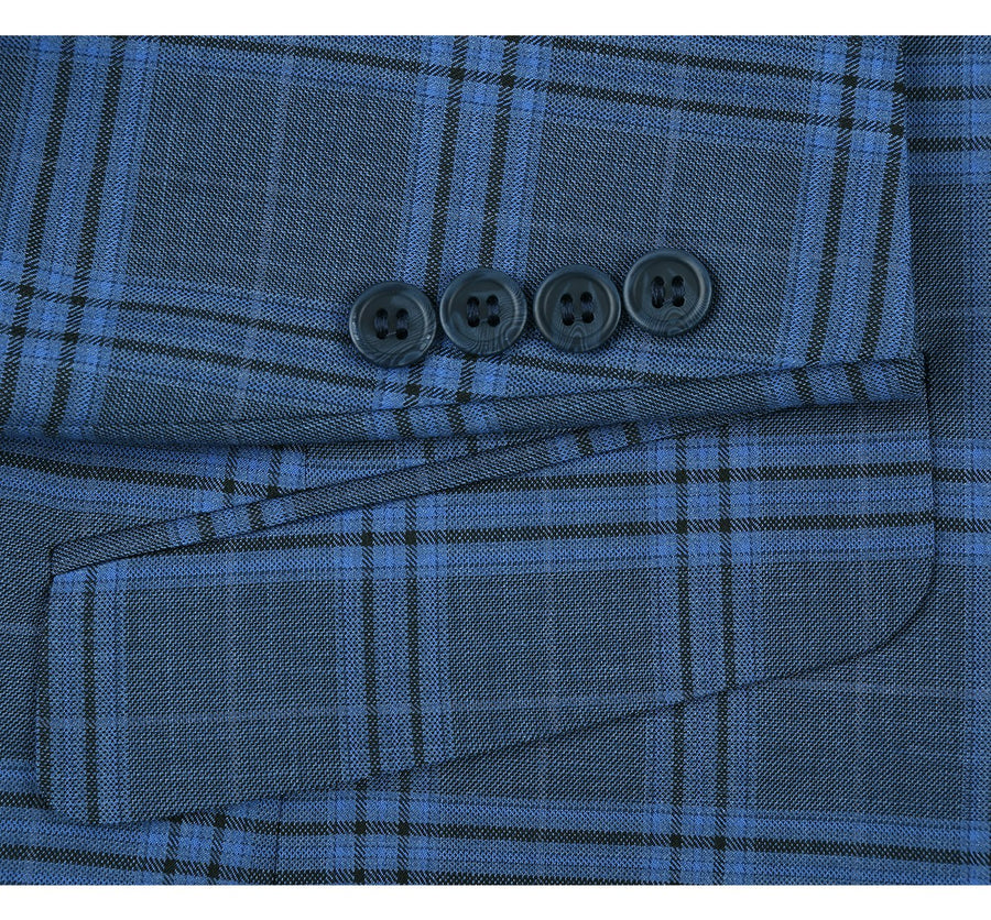 "Blue Windowpane Plaid Men's Slim Fit Two-Button Suit" - 34 Short