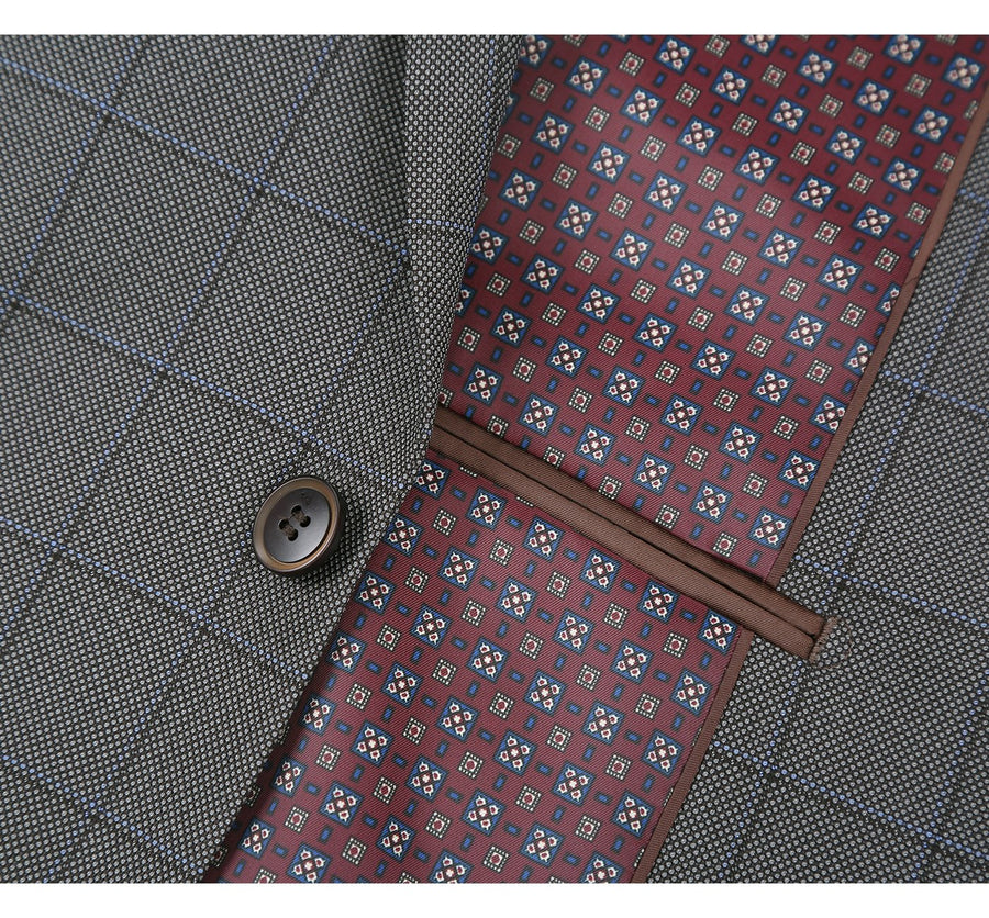 "Grey Windowpane Plaid Men's Two Button Classic Fit Suit"