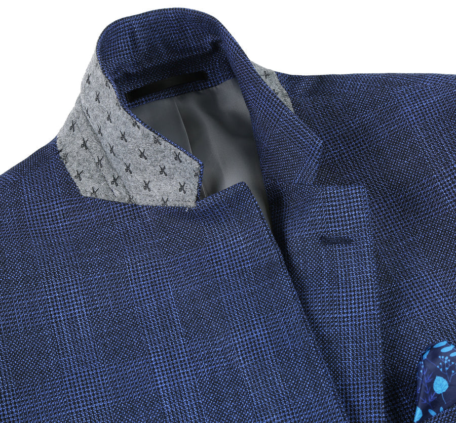 "Classic Fit Men's Blazer - Navy Blue Windowpane Plaid, Two Button Sport Coat" - 34 Short