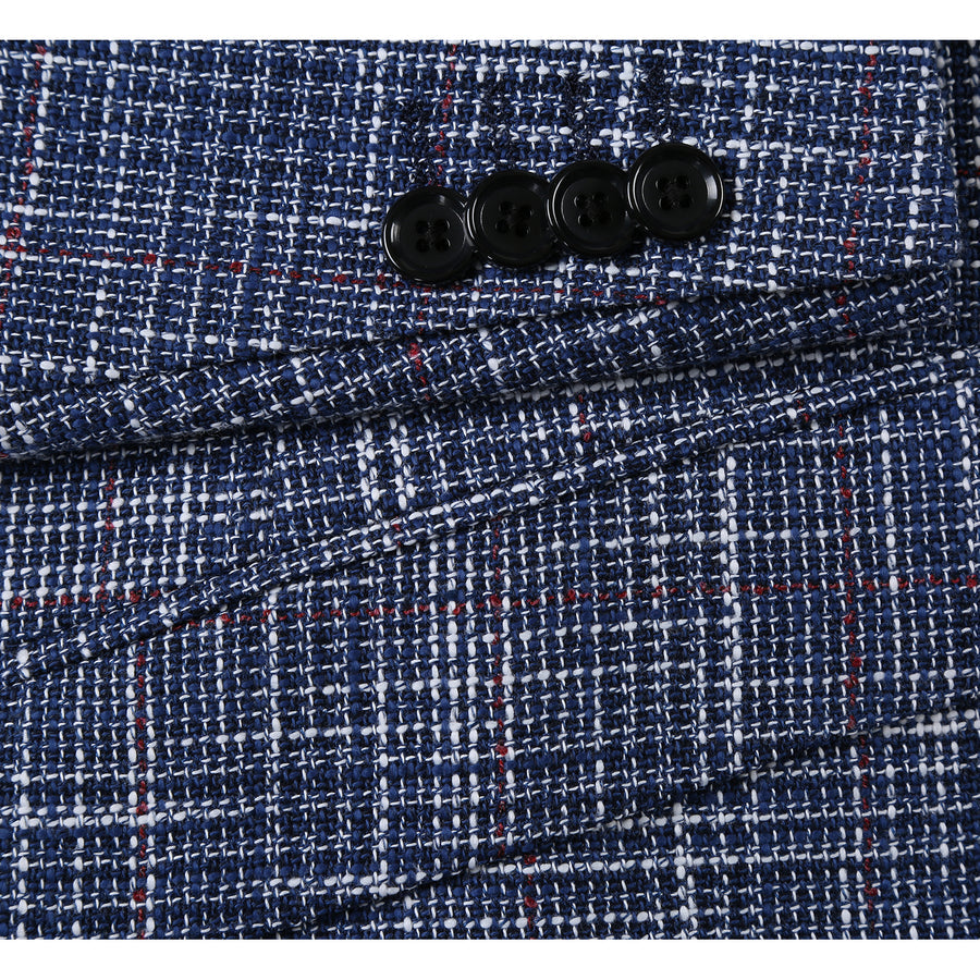 "Blue Windowpane Plaid Men's Slim Fit Wool & Linen Sport Coat Blazer"