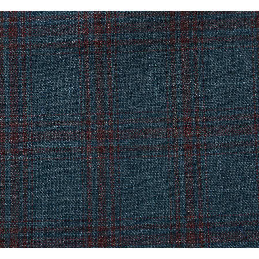 "Classic Fit Men's Wool & Linen Sport Coat Blazer - Teal Blue Windowpane Plaid"