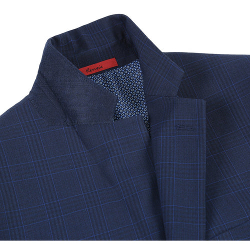 "Classic Fit Men's Suit - Dark Blue Windowpane Plaid Check, Two Button"