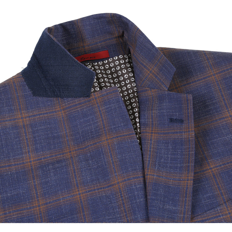 "Men's Slim Fit Navy Blue & Gold Windowpane Plaid Sport Coat Blazer" - 36 Short