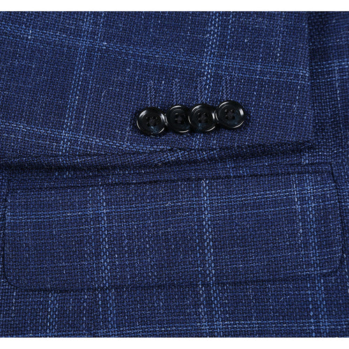 "Classic Fit Wool plaid Blazers - Men's Two Button Navy Blue Windowpane Plaid Sport Coat"
