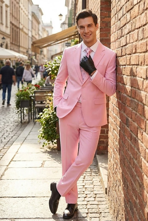 Mens Pink Two-Piece Suit Classic Fit Formal Jacket and Tailored Pants