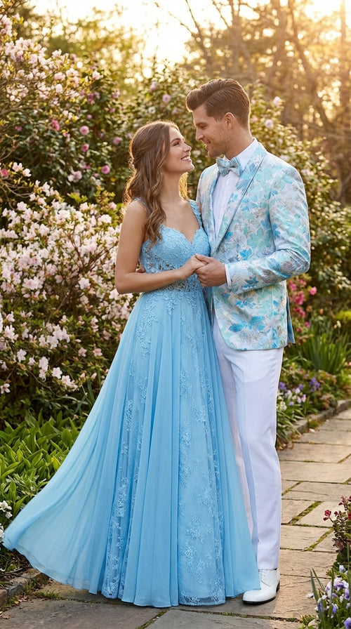 Mens Light Blue Floral Jacquard Tuxedo Jacket with Matching Bow Tie | Formal Prom Wedding Blazer + Bowtie Turqoise Aqua Color