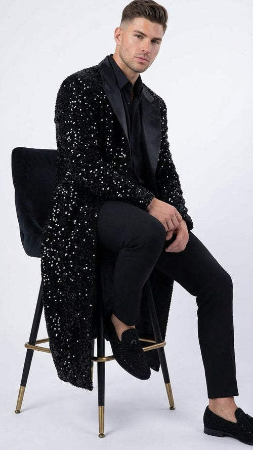 Mens Black Sequin Long Coat with Satin Shawl Lapel Luxury Statement Evening Overcoat