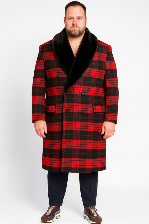 Mens Red and Black Plaid Wool Overcoat with Black Faux Fur Shawl Collar Double-Breasted Winter Coat - Tartan Designs