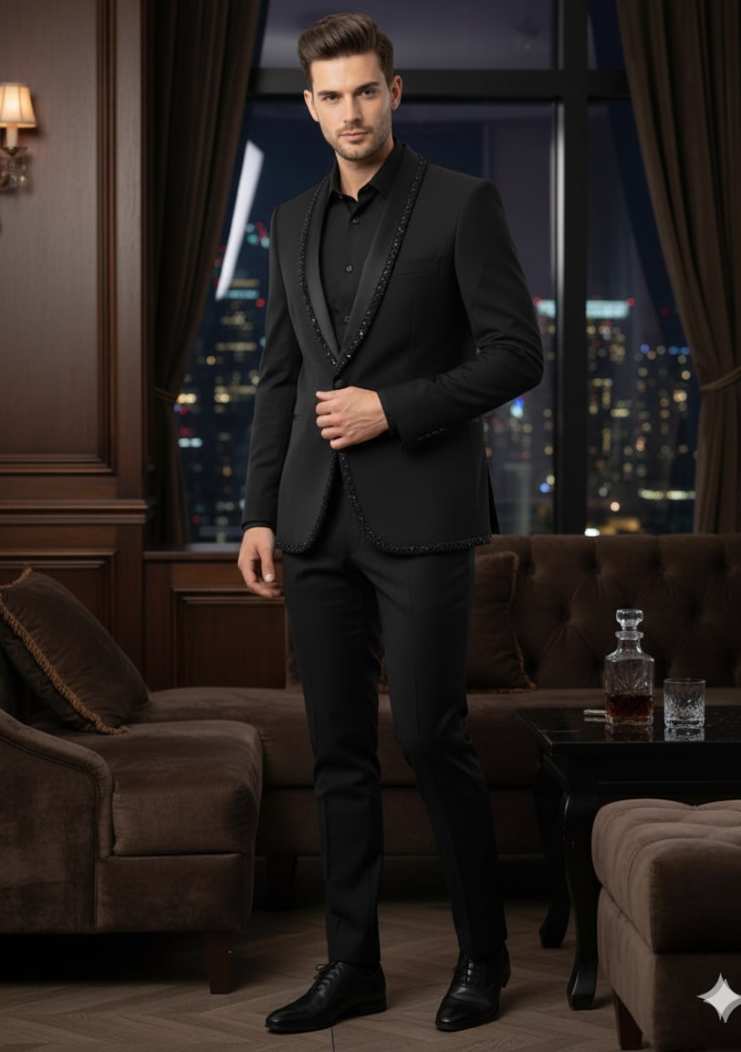 Mens Classic Black Designer Tuxedo Suit with Beaded Lapel – Elegant Formal and Party Wear Jacket and Pants - S