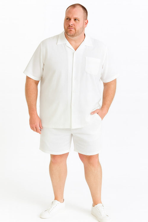 Mens White Seersucker Short Set Lightweight Summer Outfit with Shirt and Shorts