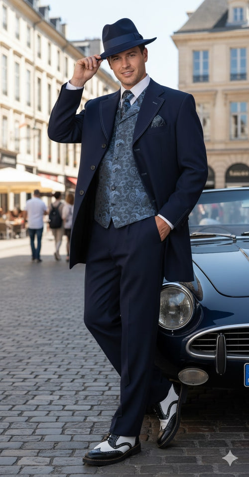 Mens 1920s Navy Blue Zoot Suit Vintage Gangster 3-Piece Long Jacket Suit Classic Fit Pleated Pants