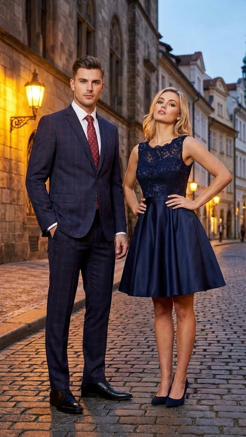 Mens Navy Blue and Burgundy Checkered Two-Piece Suit Plaid Windowpane Flat Front Pants or Pleated Wide Leg Pants - 100% Wool