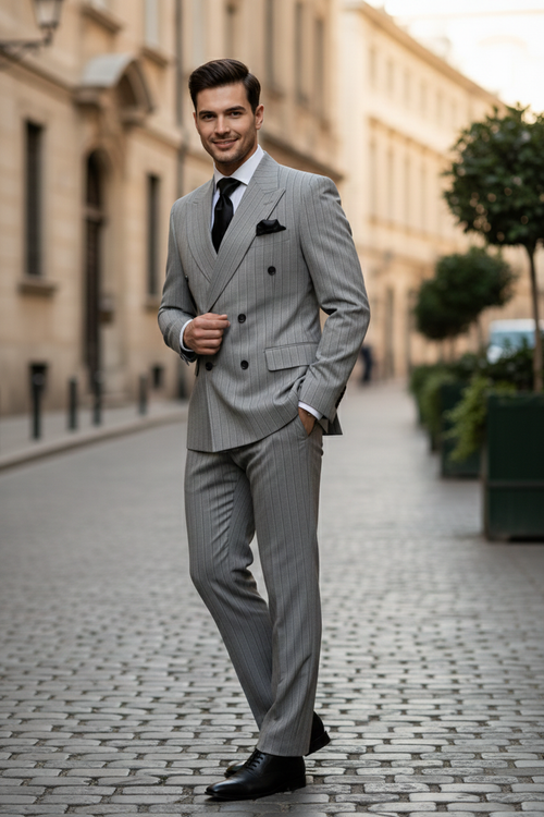 Mens Grey and Black Pinstripe Double-Breasted Suit 1920s Gangster Vintage Looking suit By Rossiman