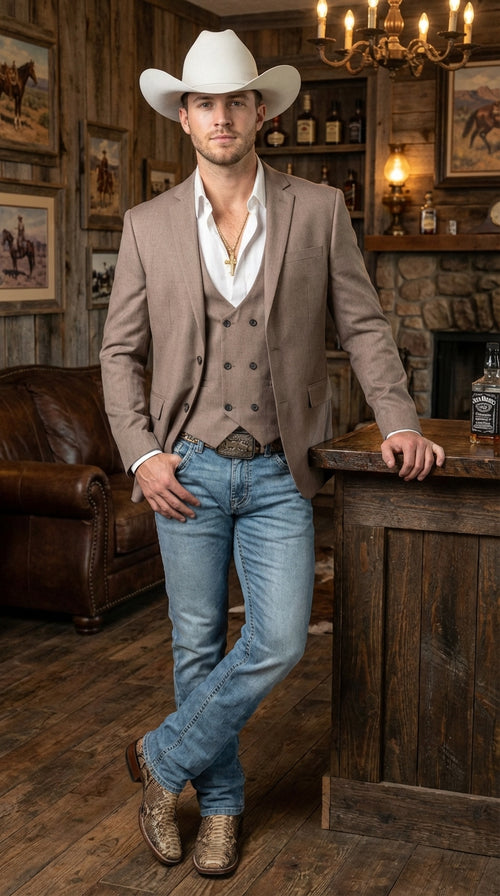 Mens Beige Cowboy Blazer with Double breasted Vest – Western Two Piece Suit Pants included