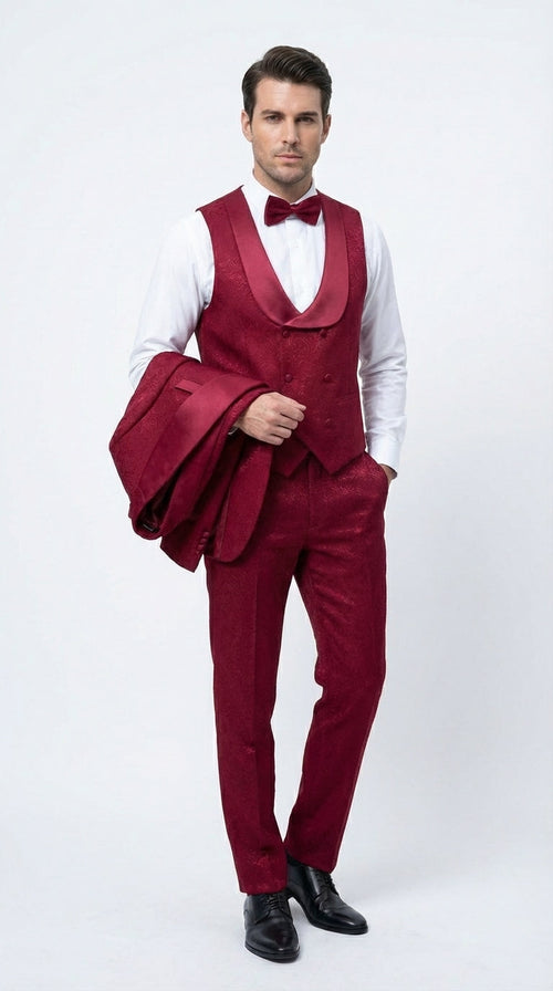 Mens Burgundy Wedding Tuxedo Suit β Paisley Three Piece Formal Suit Set with Shawl Lapel for Groom, Prom