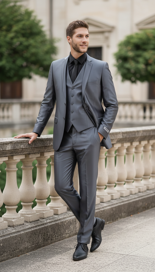 Mens Dark Grey Shiny Two-Piece Suit Slim Fitted Formal Jacket and Tailored Pants - Sateen Metalic in Charcoal Gray Color