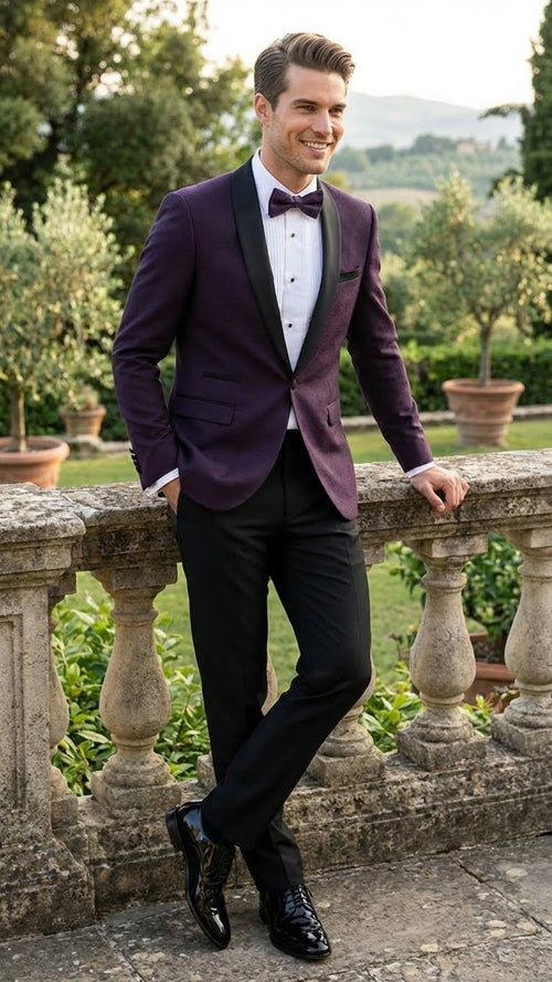 Mens Eggplant Plum Purple Tuxedo Blazer with Satin Lapel, White Tuxedo Shirt and Matching Purple Bow Tie - Slim Fitted - Prom wedding Suit With Pants