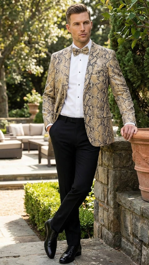 Mens Beige and Black Snakeskin Print Blazer Alligator Crocodile Exotic Sking Sport Coat Jacket in Tan Camel Color
