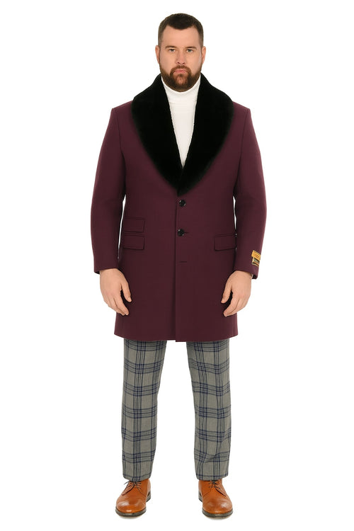 Mens Purple Wool Overcoat with Black Faux Fur Collar Luxury Winter Dress Coat for Formal and Casual Wear