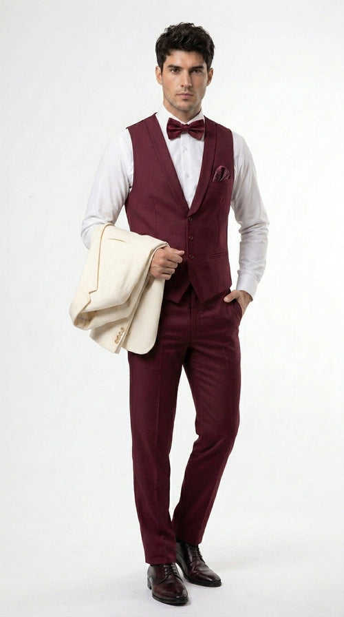 Men’s Cream Ivory and Burgundy 3 Piece Tuxedo Suit, Vested Formal Wedding Prom Dinner Suit in Cream Off White Color