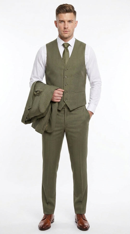Men’s Olive Green Tone-on-Tone Shadow Pinstripe 3 Piece Suit – Modern Formal Suit with Vest Shadow Stripe