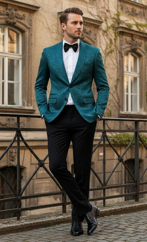 Mens Teal Blue Paisley Tuxedo Jacket Elegant Shawl Lapel Dinner Blazer for Weddings, Prom and Formal Events - Greenish Blue