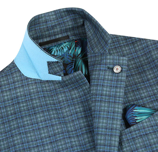 Half Canvas Slim Fit Blazer in Green Blue Check - 40R