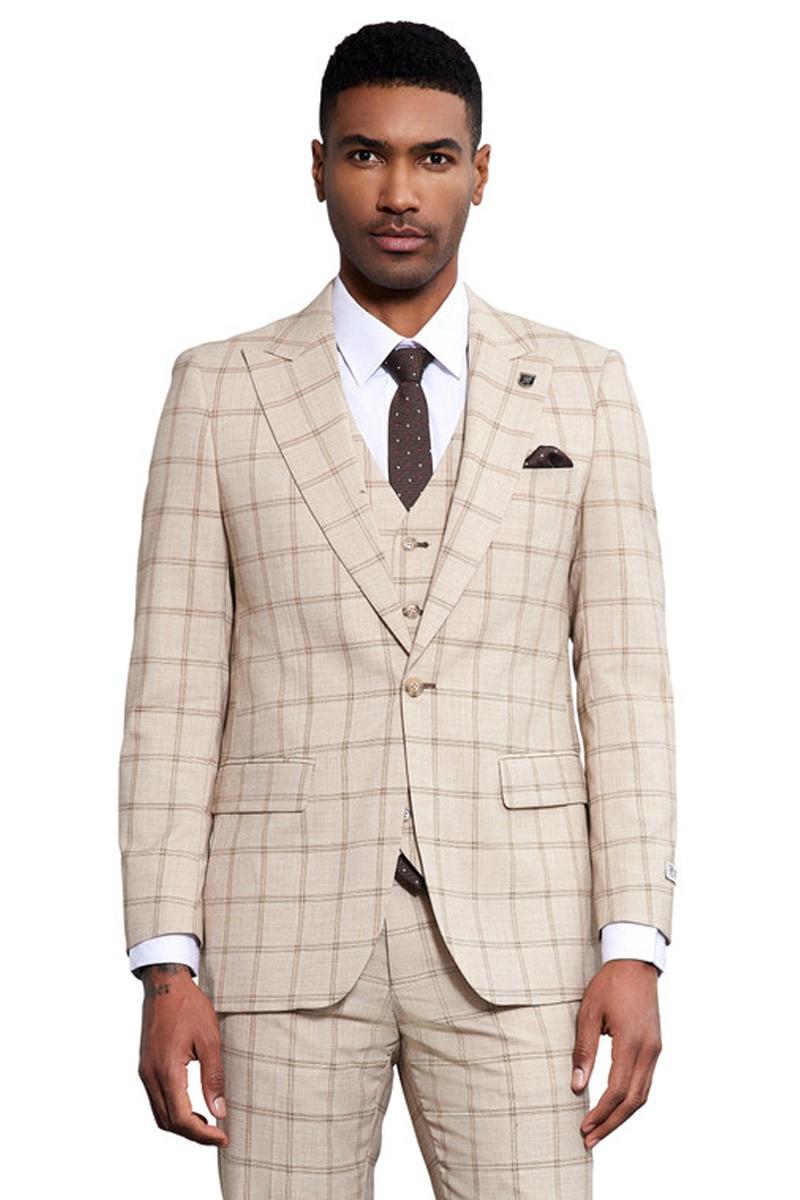 Men's Stacy Adams One Button Peak Lapel Vested Windowpane Plaid Suit in Tan - 38 Regular