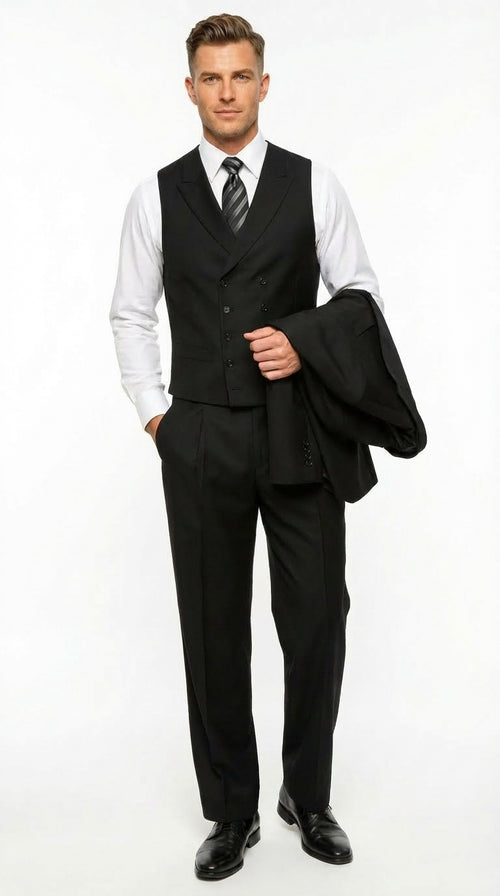Tiglio Mens Black 3 Piece Suit β Single Button Classic Fit Pleated Wide Leg Pants Formal Business Chruch Suit - 100% Wool