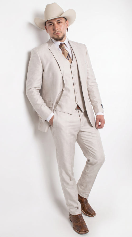 Men’s Sand champaign Western Cowboy 3-Piece Suit – Light Cream Wedding Suit with Vest & Pants Slim Fitted