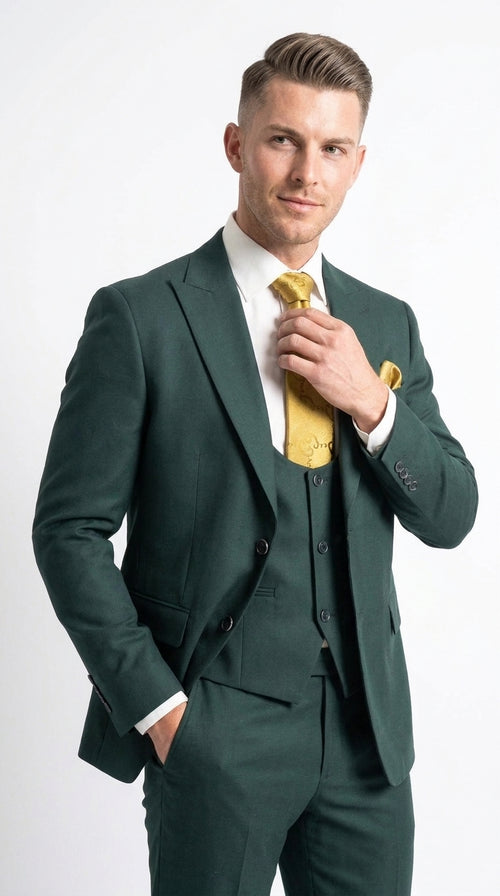 Mens Vitali 3 Piece Suit W/Scoop Vest Hunter Green 3-Piece Suit –, Big Peak Lapel Vest and Pants Modern Fit Two Buttons