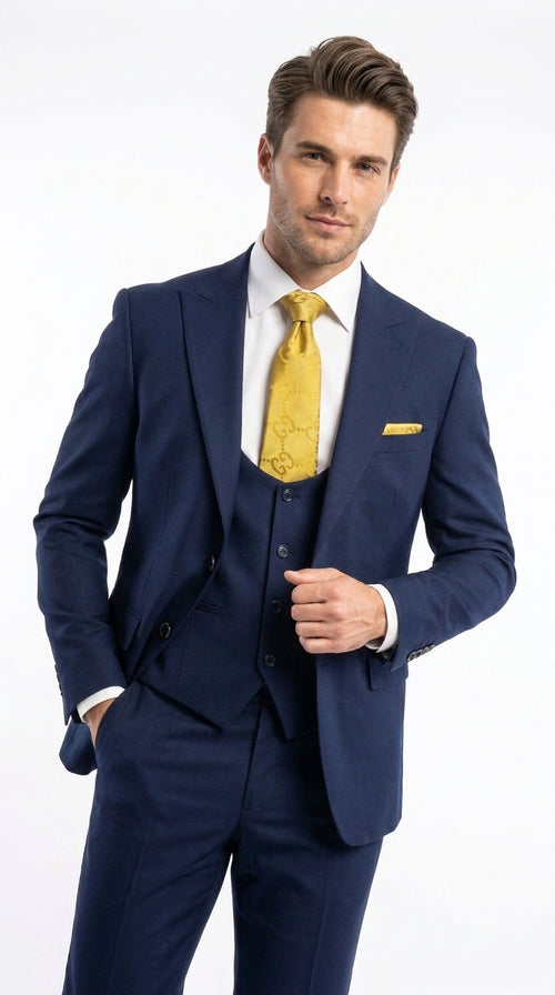 Mens Vitali 3 Piece Suit W/Scoop Vest Navy Blue 3-Piece Suit – Big Peak Lapel Vest and Pants Modern Fit Two Buttons