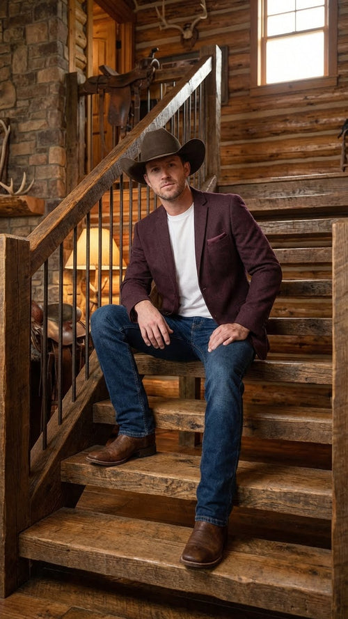 Mens Burgundy Western Blazer Jacket, Textured Cowboy Style Sport Coat for - Tweed Herringbone Maroon Color