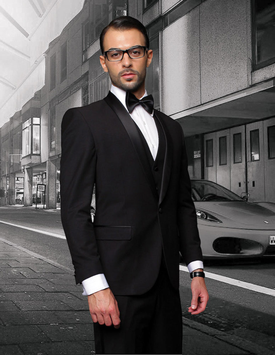 Mens Wool One Button Modern Fit Vested Shawl Prom Tuxedo in Black - 34 Short