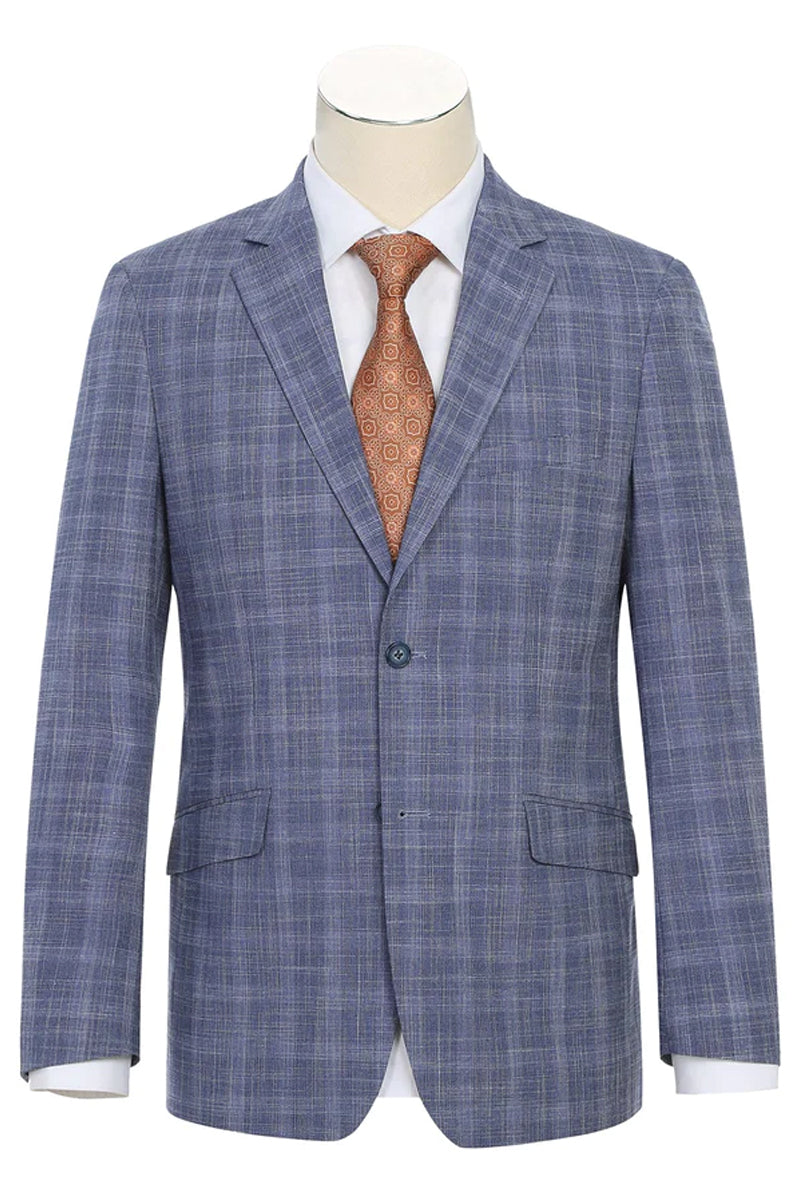 "Light Blue Slim Fit Men's Suit - Two Button, Summer Plaid Windowpane"