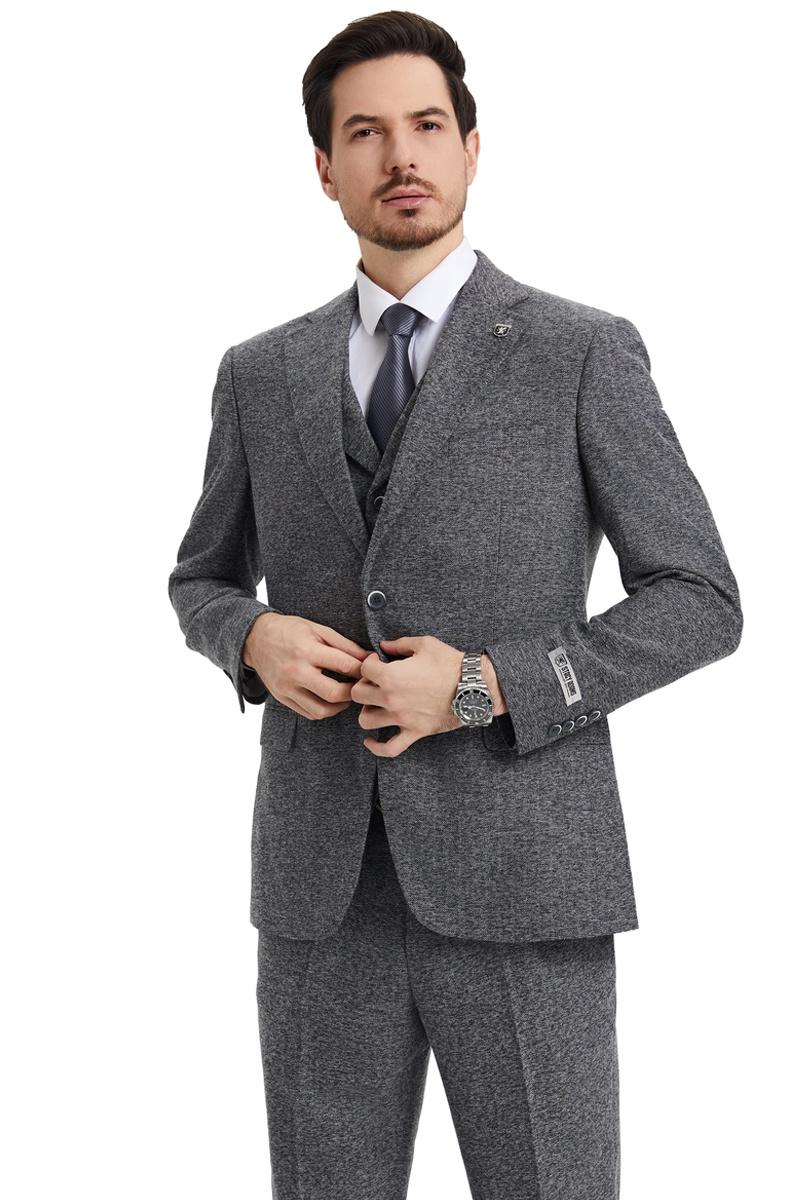 Men's Stacy Adams Vested Vintage Herringbone Tweed Suit in Grey - 38 Regular