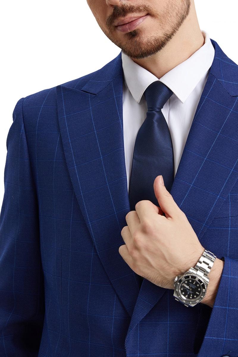 Men's Stacy Adams Peak Lapel Blue Windowpane Plaid Suit with a Scoop Neck Vest - 38 Regular