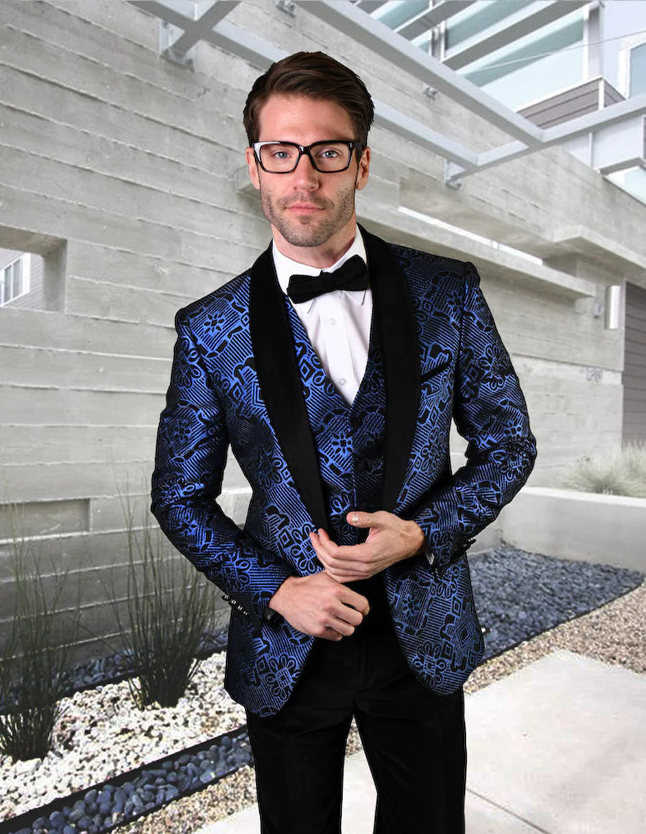 Mens Navy Blue Wedding Tuxedo - Dark Blue Tuxedo Suit"Mens Vested One Button Geometric Print Prom Tuxedo in Royal Blue