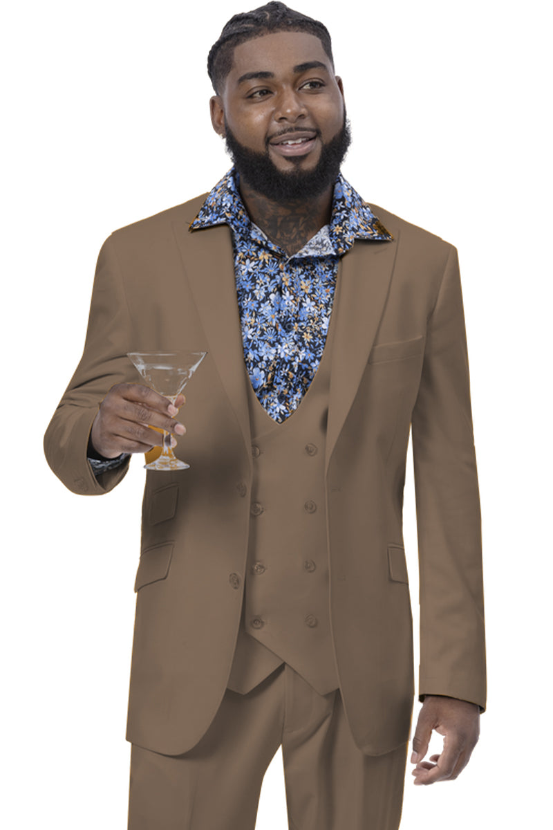 "Tan Modern Men's Suit with Double Breasted Vest - Two Button Peak Lapel"
