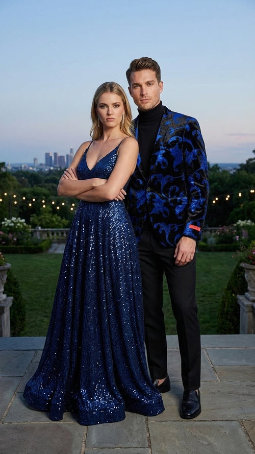 Mens Black and Royal Blue Patterned Blazer Paisley Floral Sport Coat Prom Jacket