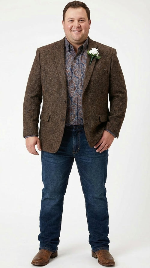 Mens Brown Western Tweed Herringbone Blazer Jacket Classic Cowboy Style Sport Coat for Wedding Party