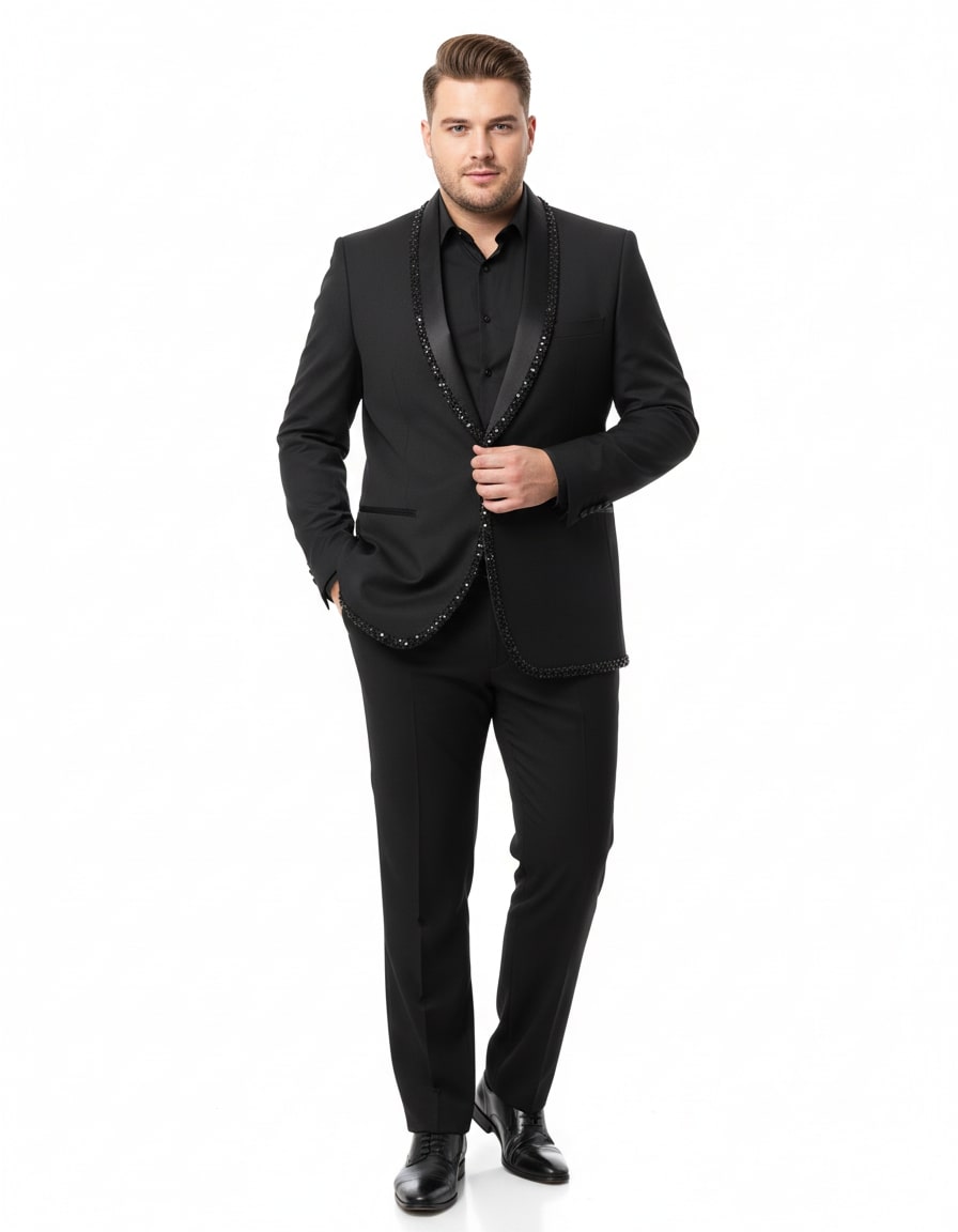 Mens Classic Black Designer Tuxedo Suit with Beaded Lapel – Elegant Formal and Party Wear Jacket and Pants - S